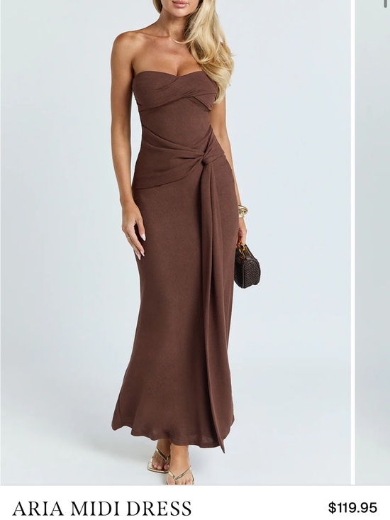 Showpo. Dresses & Skirts - Showpo Aria Strapless Brown Knot-Front Midi Dress